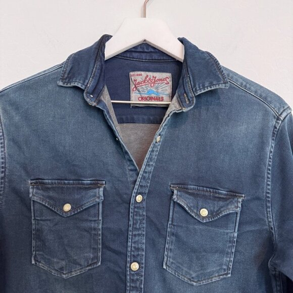 Jack & Jones Long Sleeve Snap Chambray Blue Shirt Mens Size Small - Picture 4 of 11